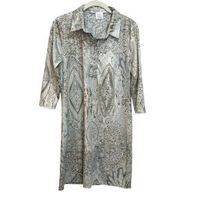 Gretchen Scott Shirt Dress Size S Gray Beige Paisley Print Stretch 3/4 Sleeve